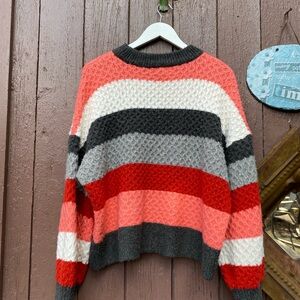a.n.a Striped Crewneck Sweater in Red, Coral, Gray & Cream